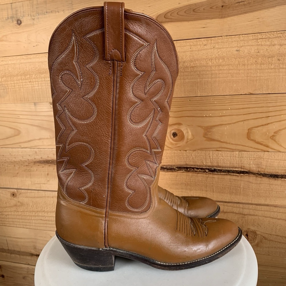 Acme Western Cowboy Boots Brown‎ Leather Stitching VTG Men's 10D Chestnut 70s